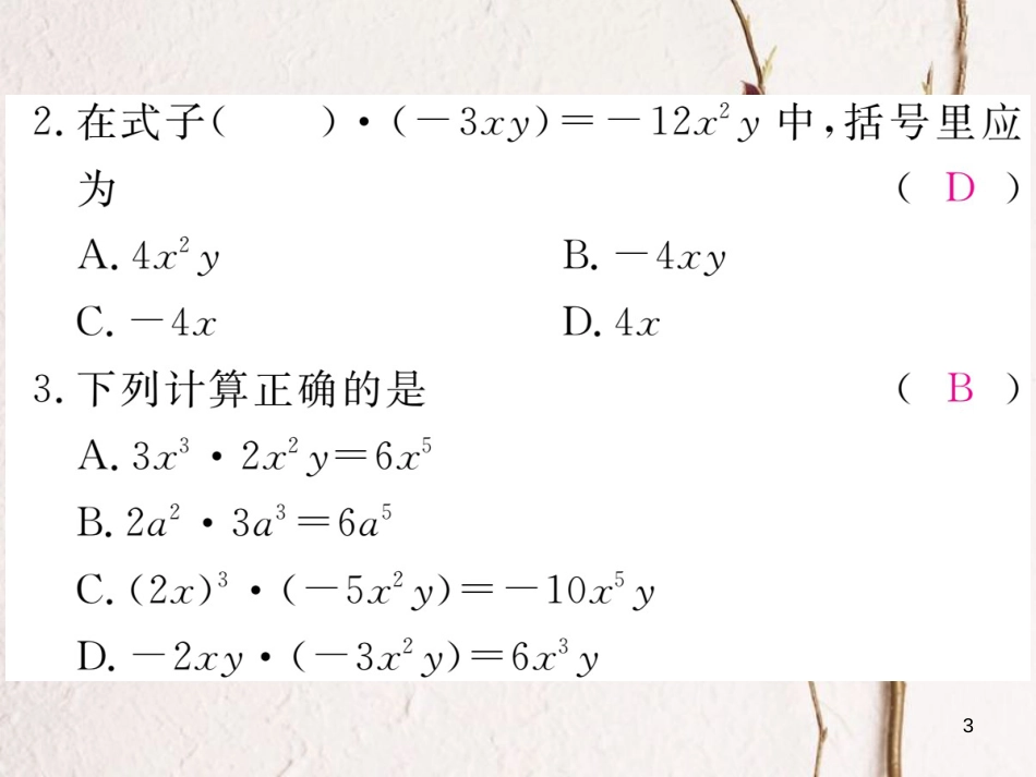 七年级数学下册 第一章 整式的乘除 1.4 整式的乘法 第1课时 单项式与单项式相乘练习课件 （新版）北师大版_第3页