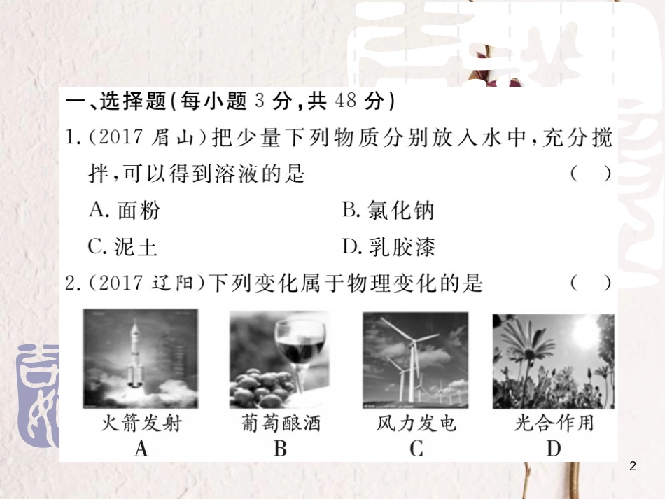 山东省中考化学复习 第三部分 阶段测评试题 第一章《化学基本概念和原理》阶段测评试题课件_第2页