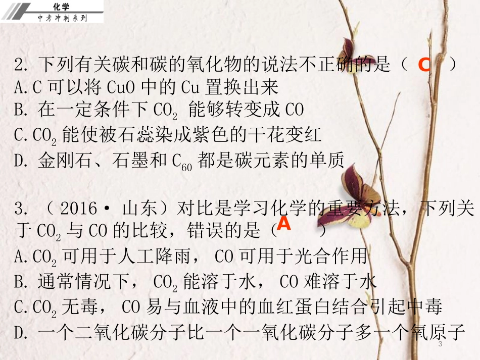 中考化学冲刺 第9讲 碳与一氧化碳习题课件_第3页