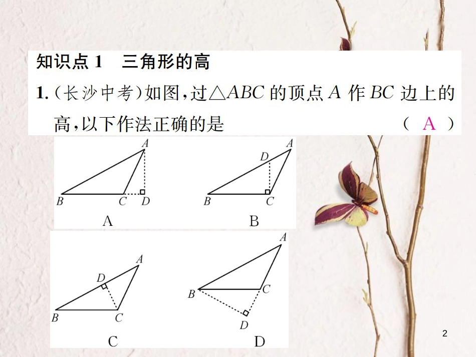 八年级数学上册 2.1 三角形 第2课时 三角形的高、角平分线和中线习题课件 （新版）湘教版_第2页