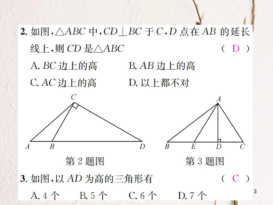 八年级数学上册 2.1 三角形 第2课时 三角形的高、角平分线和中线习题课件 （新版）湘教版_第3页