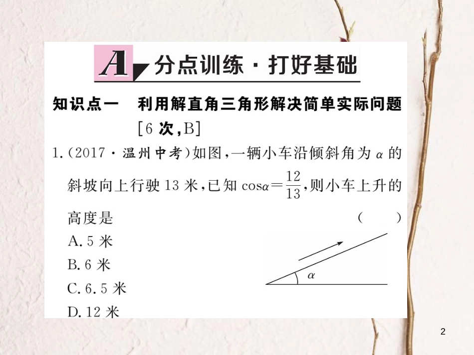 江西省2018年春九年级数学下册 第二十八章 锐角三角函数 28.2.2 第1课时 利用仰俯角解直角三角形练习课件 （新版）新人教版_第2页