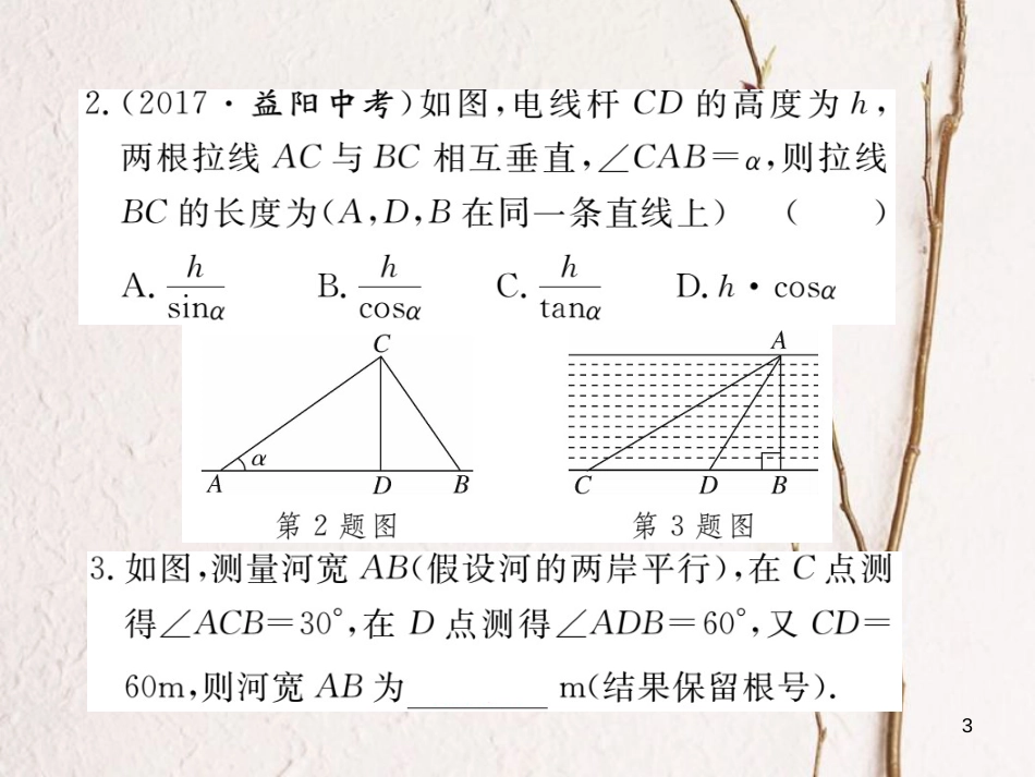 江西省2018年春九年级数学下册 第二十八章 锐角三角函数 28.2.2 第1课时 利用仰俯角解直角三角形练习课件 （新版）新人教版_第3页