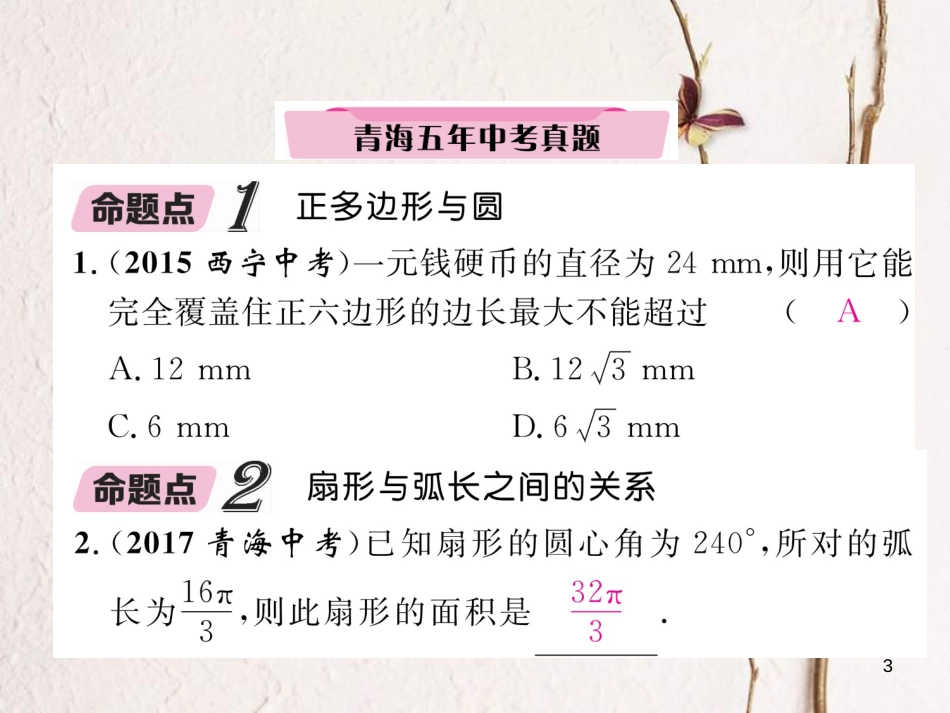 （青海专版）中考数学复习 第1编 教材知识梳理篇 第7章 圆 第3节 正多边形与圆有关的计算（精讲）课件_第3页