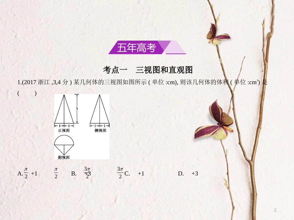 （浙江专用）高考数学一轮复习 第八章 立体几何 8.1 空间几何体的三视图、表面积和体积课件_第2页