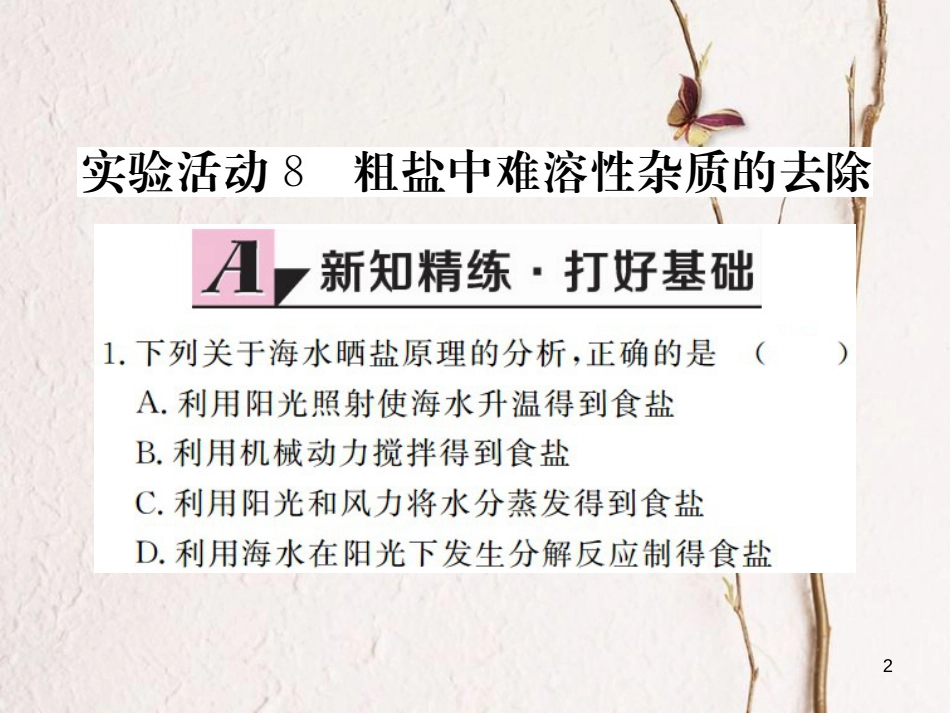 （江西专版）九年级化学下册 第11单元 盐 化肥 实验活动8 粗盐中难溶性杂质的去除课件 （新版）新人教版_第2页