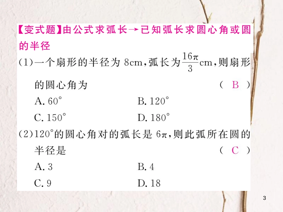 九年级数学下册 第24章 圆 24.7 第1课时 弧长与扇形面积练习课件 （新版）沪科版_第3页