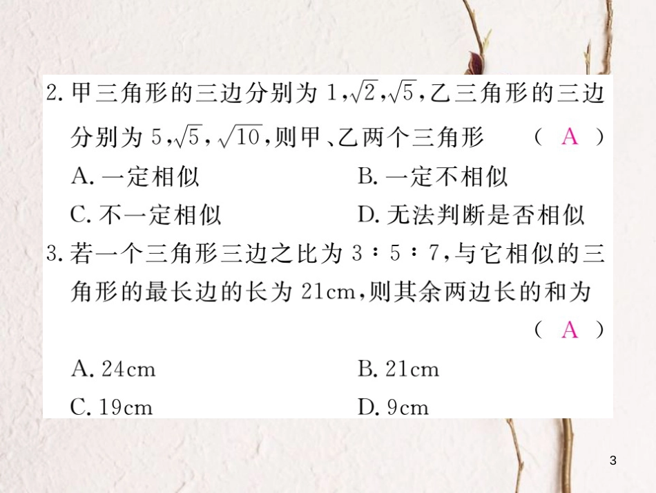 九年级数学下册 27 相似 27.2 相似三角形 27.2.1 第2课时 三边成比例的两个三角形相似作业课件 （新版）新人教版_第3页
