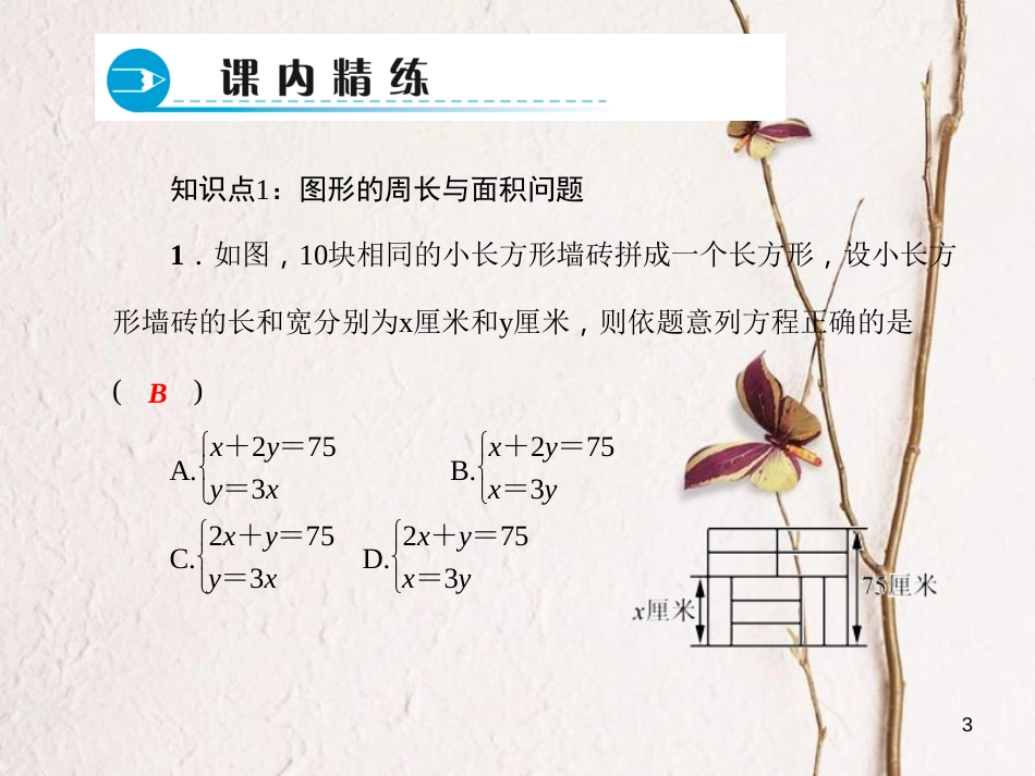 七年级数学下册 第7章 一次方程组 7.4 实践与探索 第1课时 几何问题习题课件 （新版）华东师大版_第3页