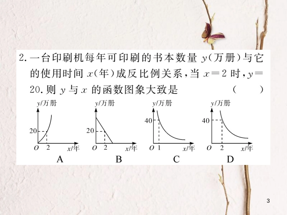 江西省2018年春九年级数学下册 第二十六章 反比例函数 26.2 第1课时 实际问题中的反比例函数练习课件 （新版）新人教版_第3页