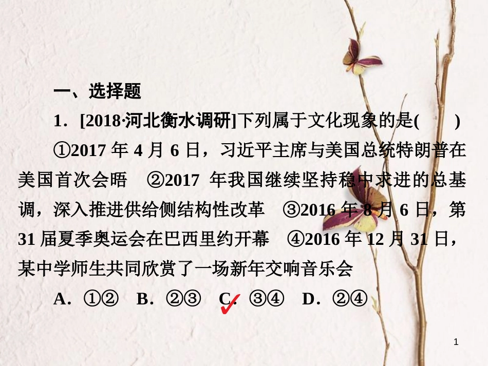 2019届高三政治一轮复习 第三部分 文化生活 第1单元 文化与生活 1 文化与社会课时作业课件_第1页