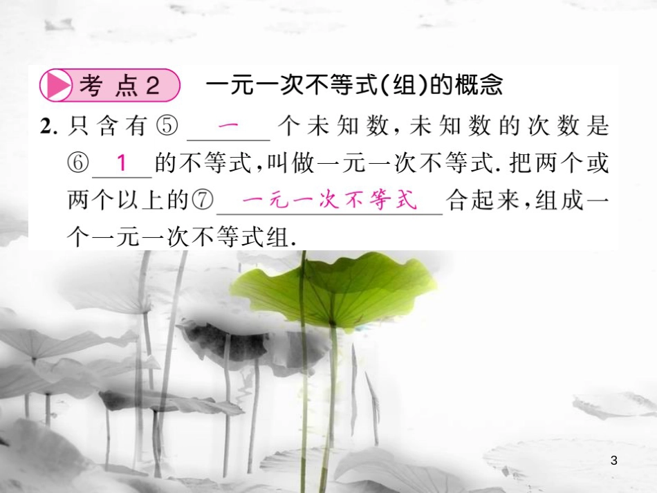 春中考数学总复习 第一轮 同步演练 夯实基础 第一部分 数与代数 第2章 方程（组）与一元一次不等式（组）第8节 一元一次不等式（组）课件 新人教版_第3页