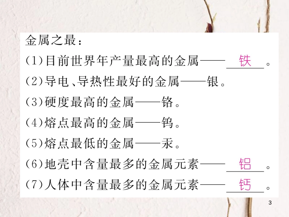 （青海专版）中考化学复习 第1编 教材知识梳理篇 第8单元 金属和金属材料 课时1 金属材料 金属资源的利用和保护中考考点清单（精讲）课件_第3页