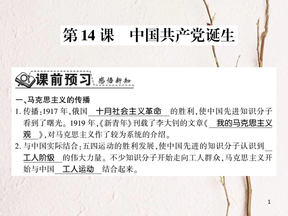 八年级历史上册 第四单元 新时代的曙光 第14课 中国共产党诞生习题课件 新人教版_第1页