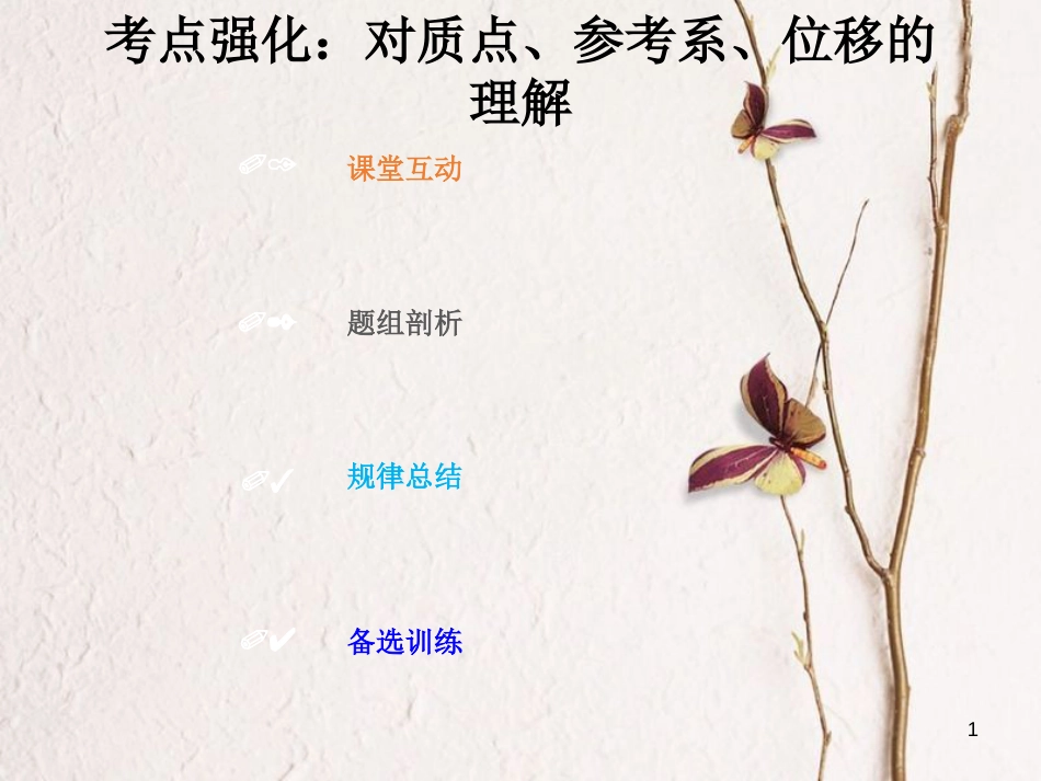 2019版高考物理总复习 第一章 运动的描述 匀变速直线运动的研究 1-1-1 考点强化 对质点、参考系、位移的理解课件(1)_第1页