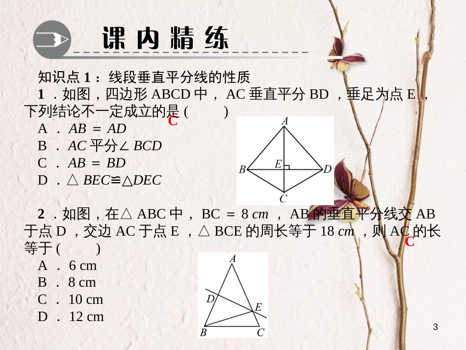 八年级数学下册 第一章 三角形的证明 3 线段的垂直平分线 第1课时 线段的垂直平分线作业课件 （新版）北师大版_第3页