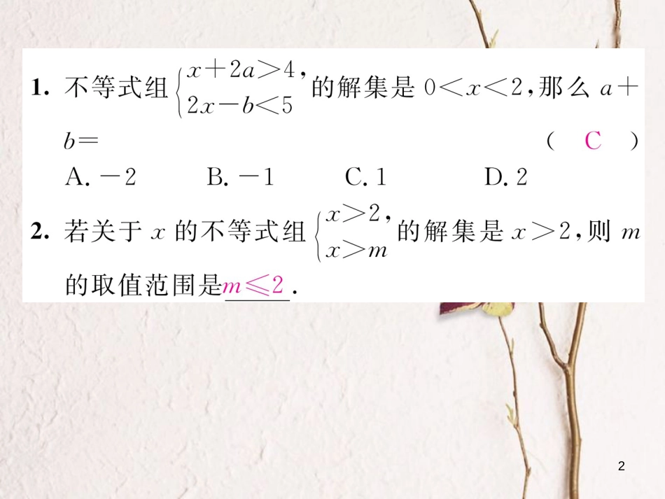 （毕节专版）八年级数学下册 第2章 一元一次不等式与一元一次不等式组 课题8 一元一次不等式组及其解集当堂检测课件 （新版）北师大版_第2页