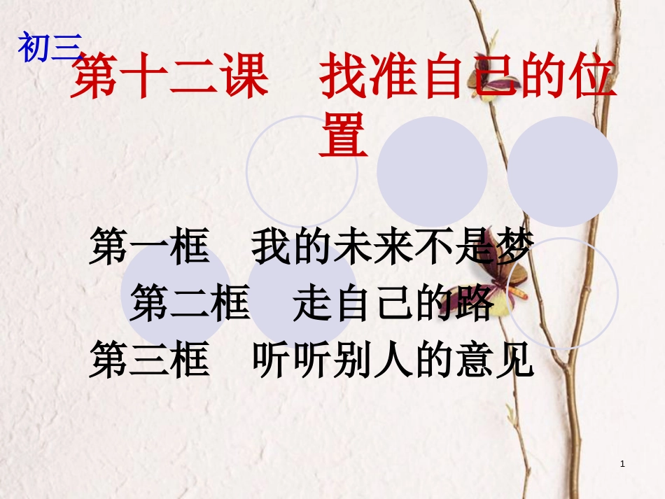 云南省个旧市九年级政治全册 第四单元 从这里出发 第十二课 找准自己的位置 第1-3框 我的未来不是梦 走自己的路 听听别人的意见课件 人民版_第1页