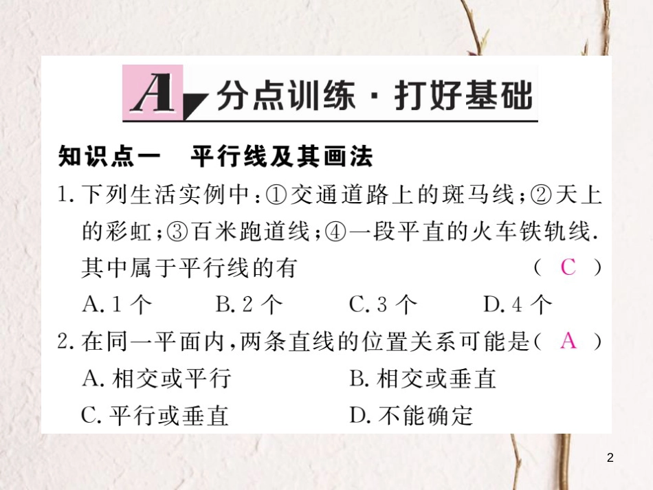 七年级数学下册 第5章 相交线与平行线 5.2 平行线及其判定 5.2.1 平行线练习课件 （新版）新人教版_第2页