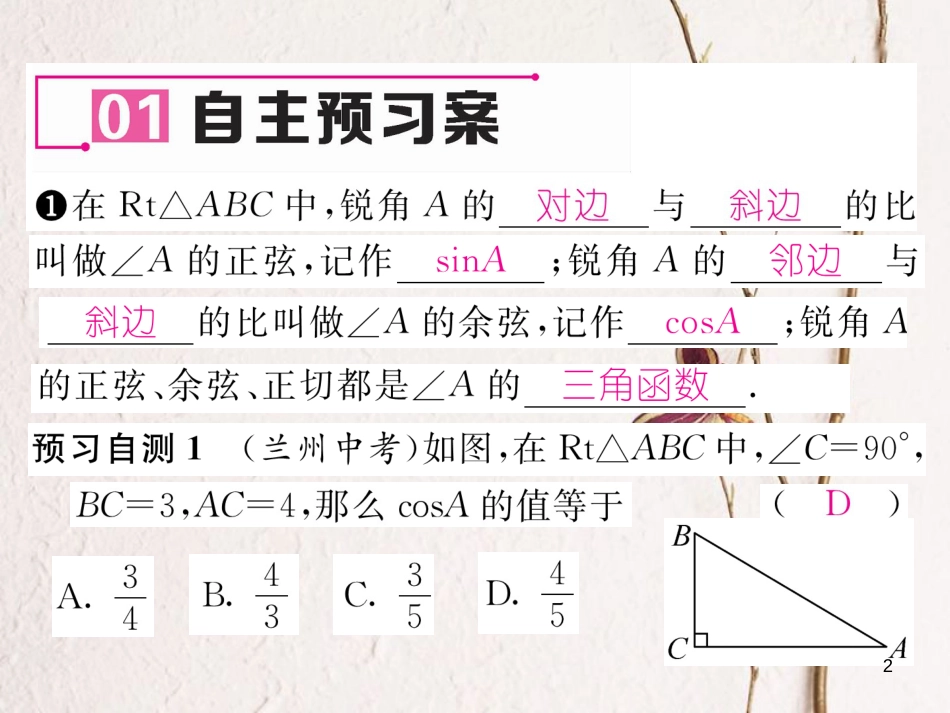 九年级数学下册 第1章 直角三角形的边角关系 1 锐角三角函数（第2课时）正弦、余弦作业课件 （新版）北师大版_第2页