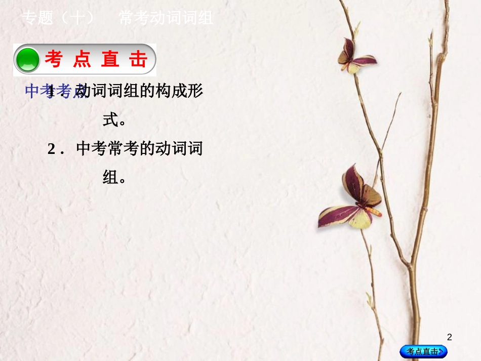 湖南省中考英语总复习 第二部分 语法点击 专题(十)常考动词词组课件 人教新目标版_第2页