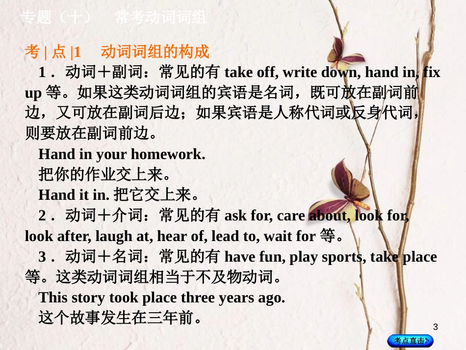 湖南省中考英语总复习 第二部分 语法点击 专题(十)常考动词词组课件 人教新目标版_第3页