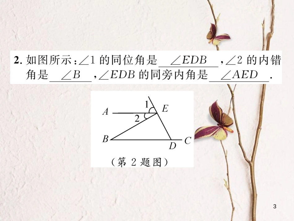 （毕节专版）七年级数学下册 第2章 相交线与平行线 课题四 利用内错角、同旁内角判定两直线平行当堂检测课件 （新版）北师大版_第3页