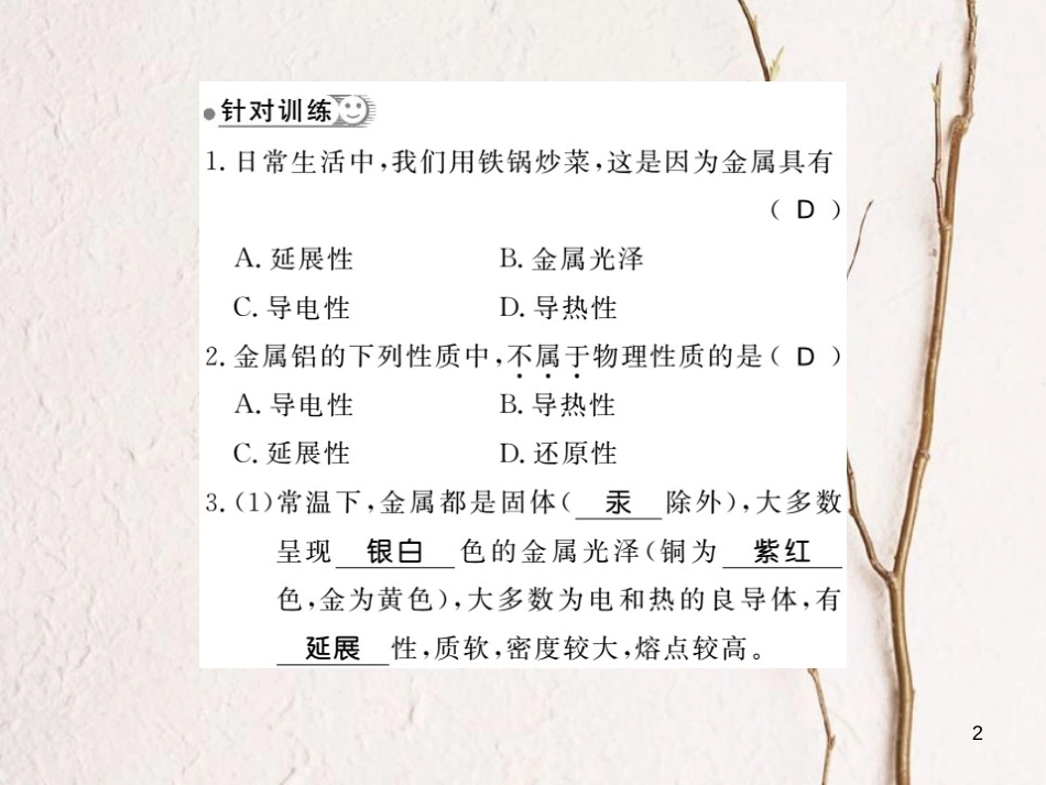 九年级化学下册 8 金属和金属材料 实验活动4 金属的物理性质和某些化学性质习题课件1 （新版）新人教版_第2页