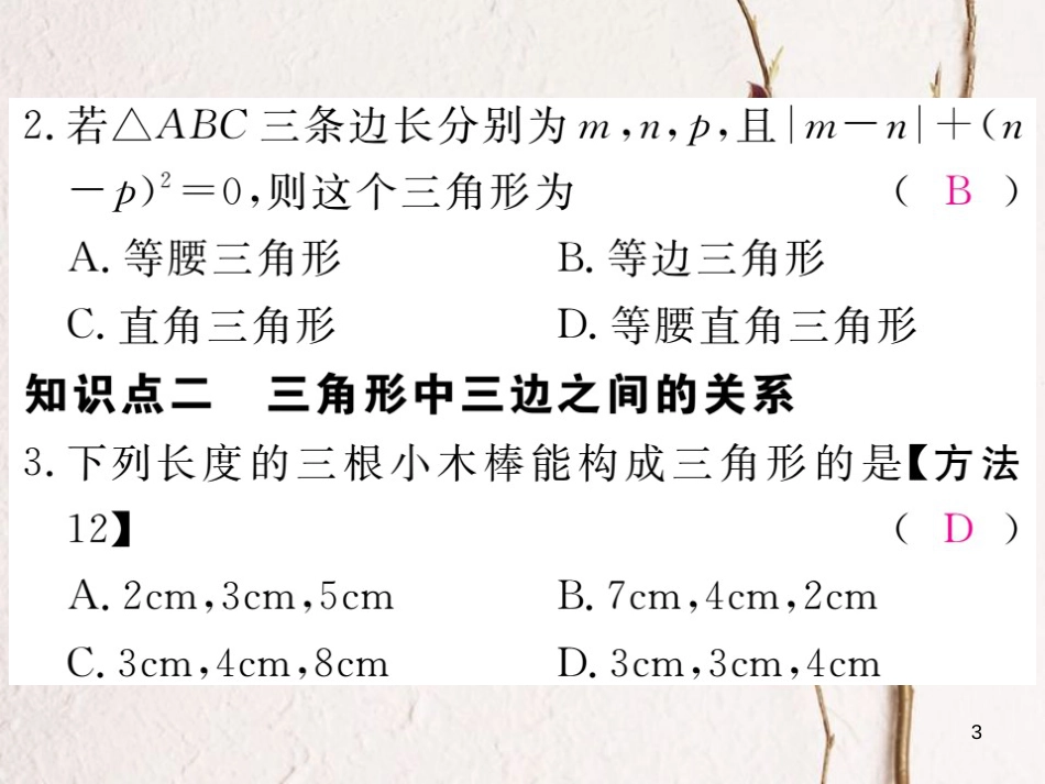 七年级数学下册 第四章 三角形 4.1 认识三角形 第2课时 三角形的三边关系练习课件 （新版）北师大版_第3页