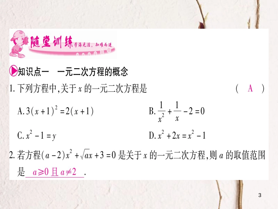 八年级数学下册 第17章 一元二次方程 17.1 一元二次方程习题课件 （新版）沪科版_第3页