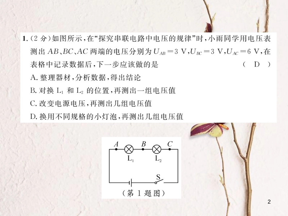 年九年级物理全册 第16章 第2节 串、并联电路中电压的规律练习课件 （新版）新人教版_第2页