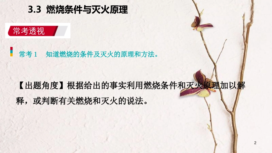 九年级化学上册 第三章 维持生命之气—氧气 3.3 燃烧条件与灭火原理练习课件 （新版）粤教版_第2页