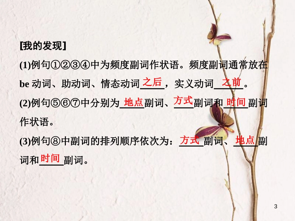 高中英语 Module 6 Films and TV ProgrammesSection Ⅲ Grammar 频度副词和地点副词及副词（词组）作状语课件 外研版必修2_第3页