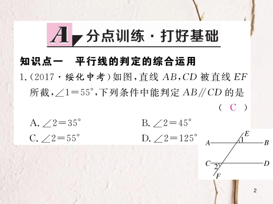 七年级数学下册 第5章 相交线与平行线 5.2 平行线及其判定 5.2.2 第2课时 平行线判定方法的综合运用练习课件 （新版）新人教版_第2页