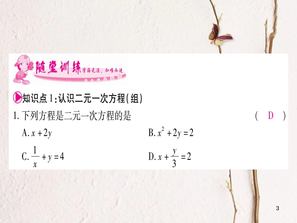 七年级数学下册 第8章 二元一次方程组 8.1 二元一次方程组习题课件 （新版）新人教版_第3页