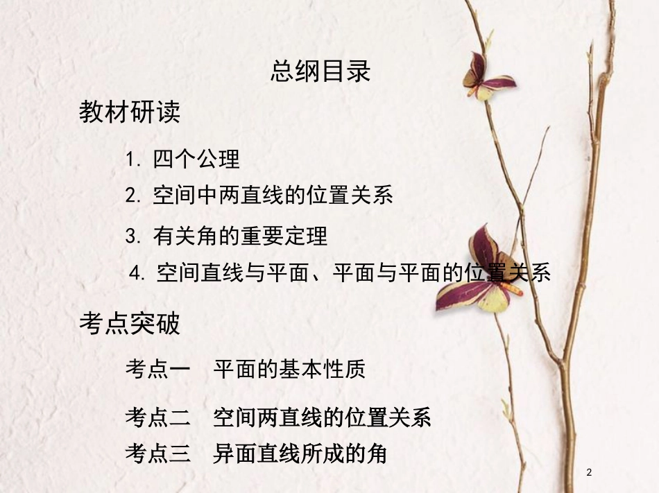 2019届高考数学一轮复习 第八章 立体几何 第三节 空间点、直线、平面之间的位置关系课件 文_第2页
