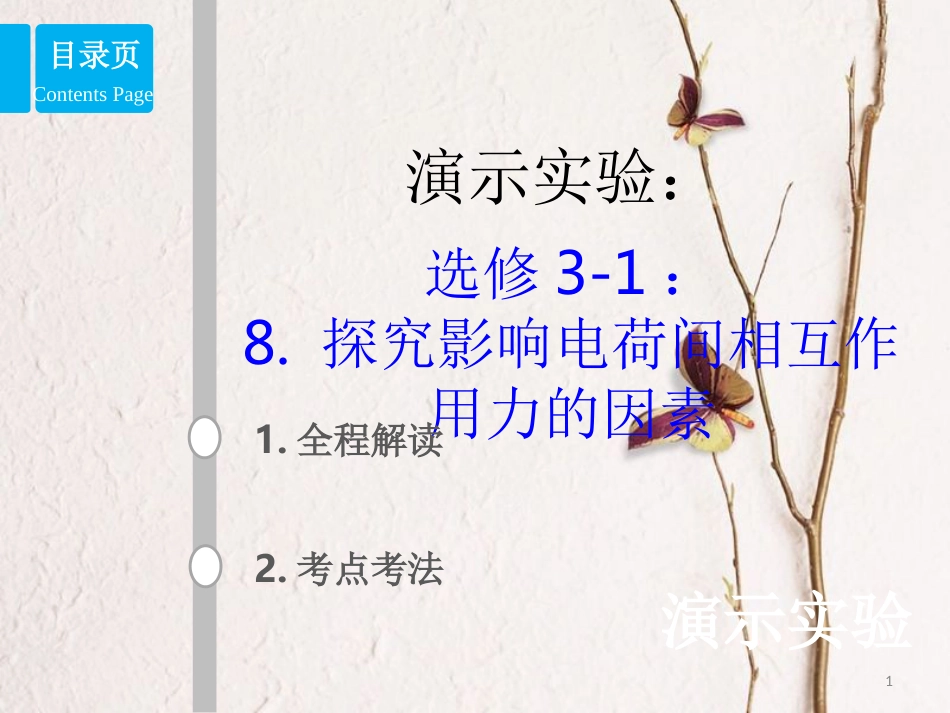 2019版高考物理总复习 演示实验 15-3-8 探究影响电荷间相互作用力的因素课件_第1页