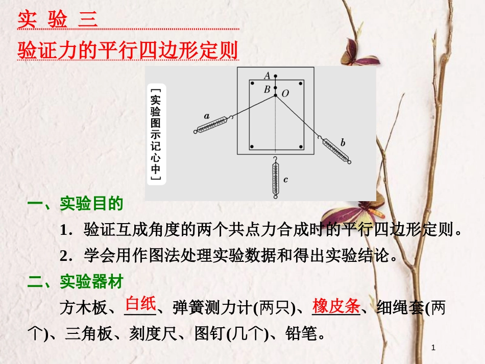 2019届高考物理一轮复习 第二章 相互作用 实验三 验证力的平行四边形定则课件_第1页