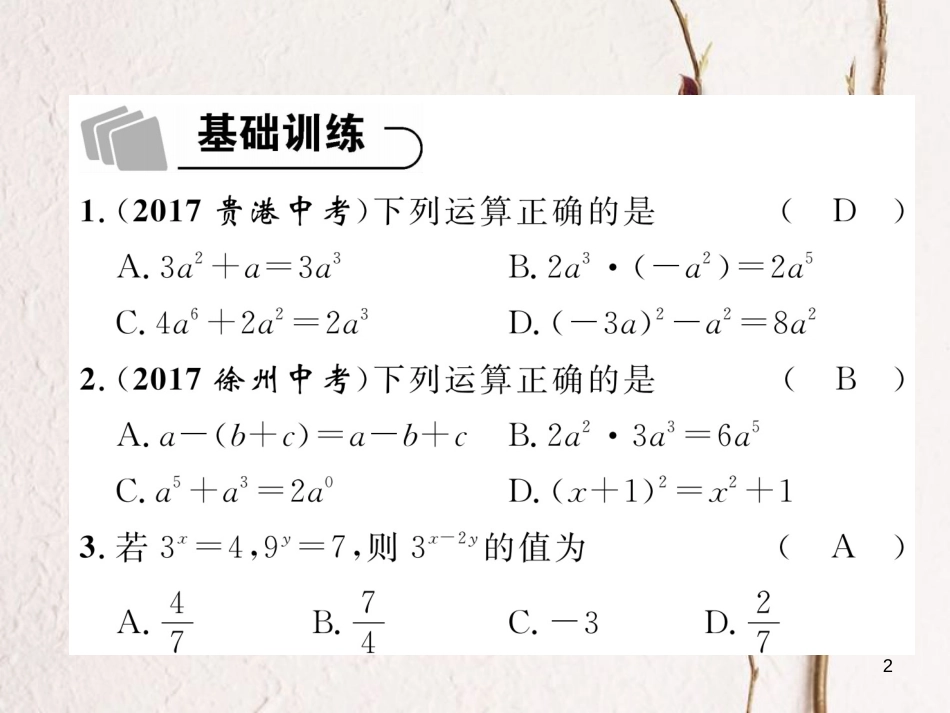 （青海专版）中考数学复习 第1编 教材知识梳理篇 第1章 数与式 第3节 代数式及整式运算（精练）课件_第2页