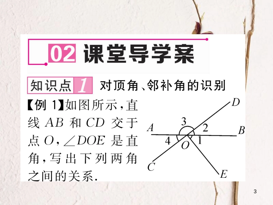 七年级数学下册 第2章 相交线与平行线 2.1 第1课时 两条直线相交及余角和补角作业课件 （新版）北师大版_第3页