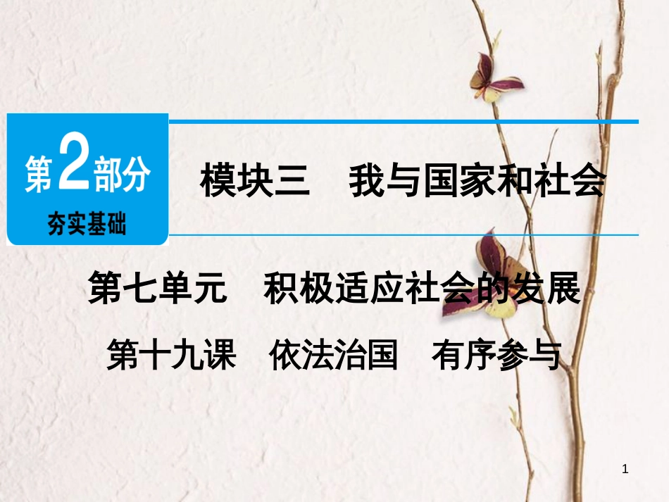 广东省年中考政治 第2部分 夯实基础 模块三 我与国家和社会 第七单元 积极适应社会的发展 第19课 依法治国 有序参与精讲课件_第1页