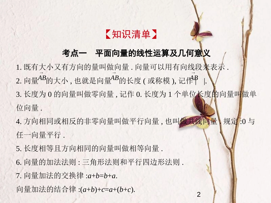 （浙江专版）2019版高考数学一轮复习 第五章 平面向量与解三角形 5.1 平面向量的概念及线性运算、平面向量基本定理课件_第2页