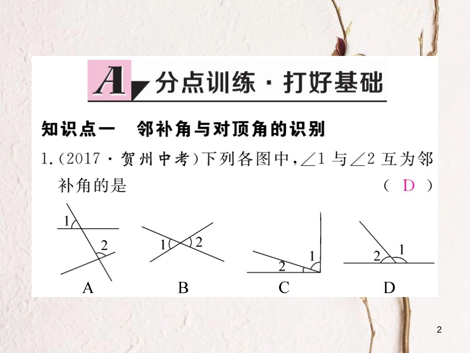 七年级数学下册 第5章 相交线与平行线 5.1 相交线 5.1.1 相交线练习课件 （新版）新人教版_第2页