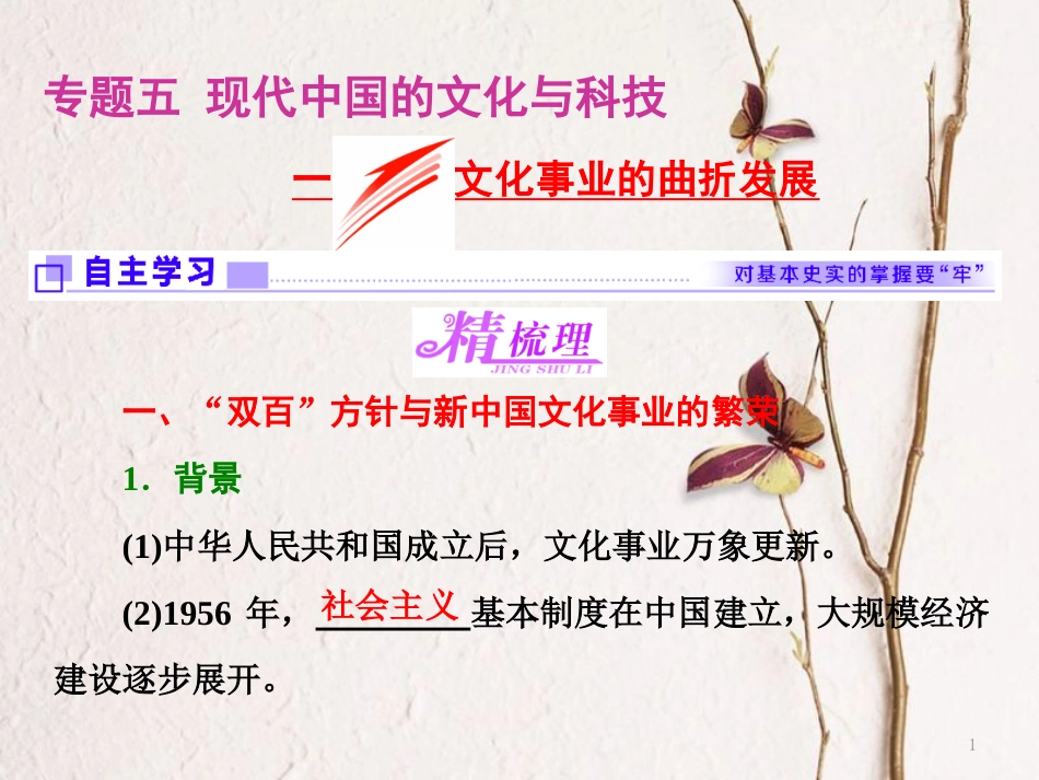 高中历史 专题五 现代中国的文化与科技 一 文化事业的曲折发展课件 人民版必修3_第1页