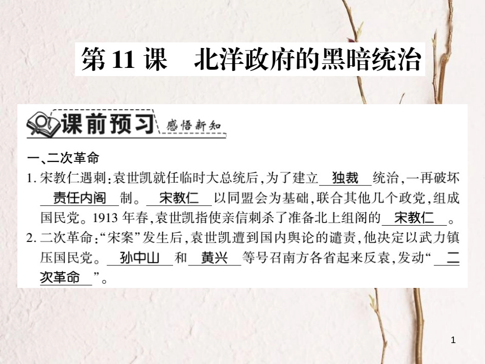 八年级历史上册 第三单元 资产阶级民主革命与中华民国的建立 第11课 北洋政府的黑暗统治习题课件 新人教版_第1页