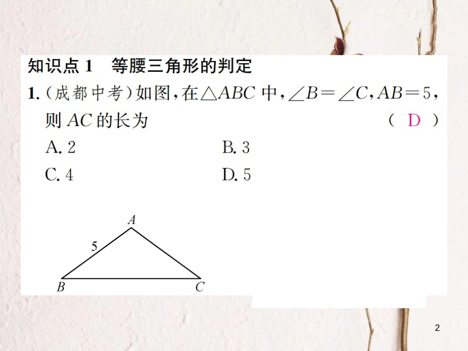 八年级数学上册 2.3 等腰三角形 第2课时 等腰三角形的判定习题课件 （新版）湘教版_第2页
