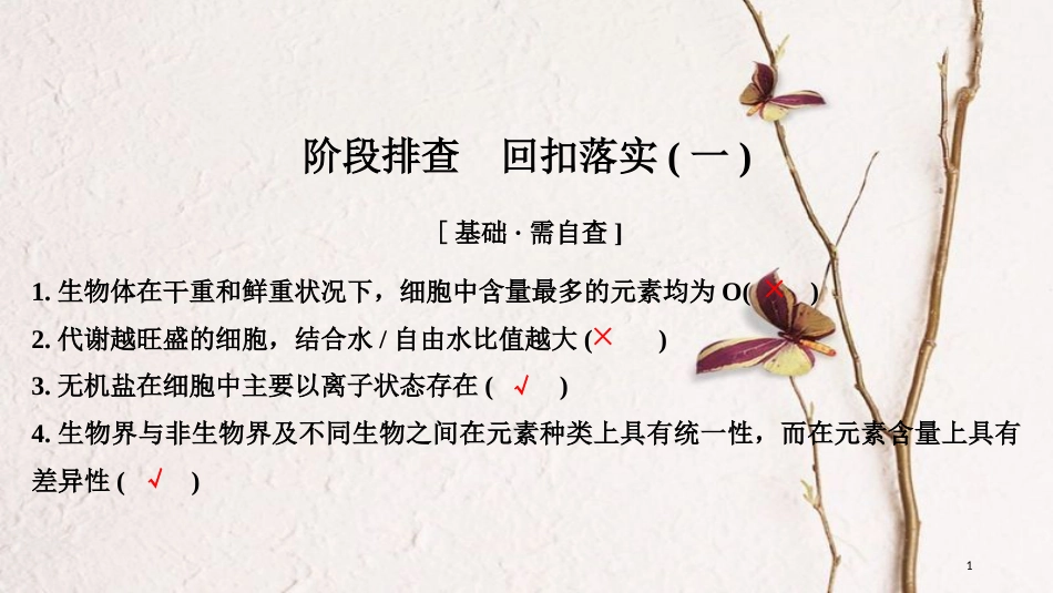 2019版高考生物一轮复习 第一单元 有机体中的细胞 阶段排查 回扣落实（一）创新备考课件 中图版_第1页