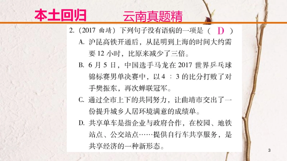 云南省中考语文复习方案 第二部分 语文知识积累 专题三 病句的辨析课件_第3页