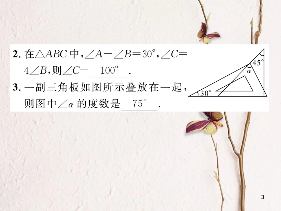 （毕节专版）七年级数学下册 第4章 三角形 课题一 三角形的概念及内角和当堂检测课件 （新版）北师大版_第3页