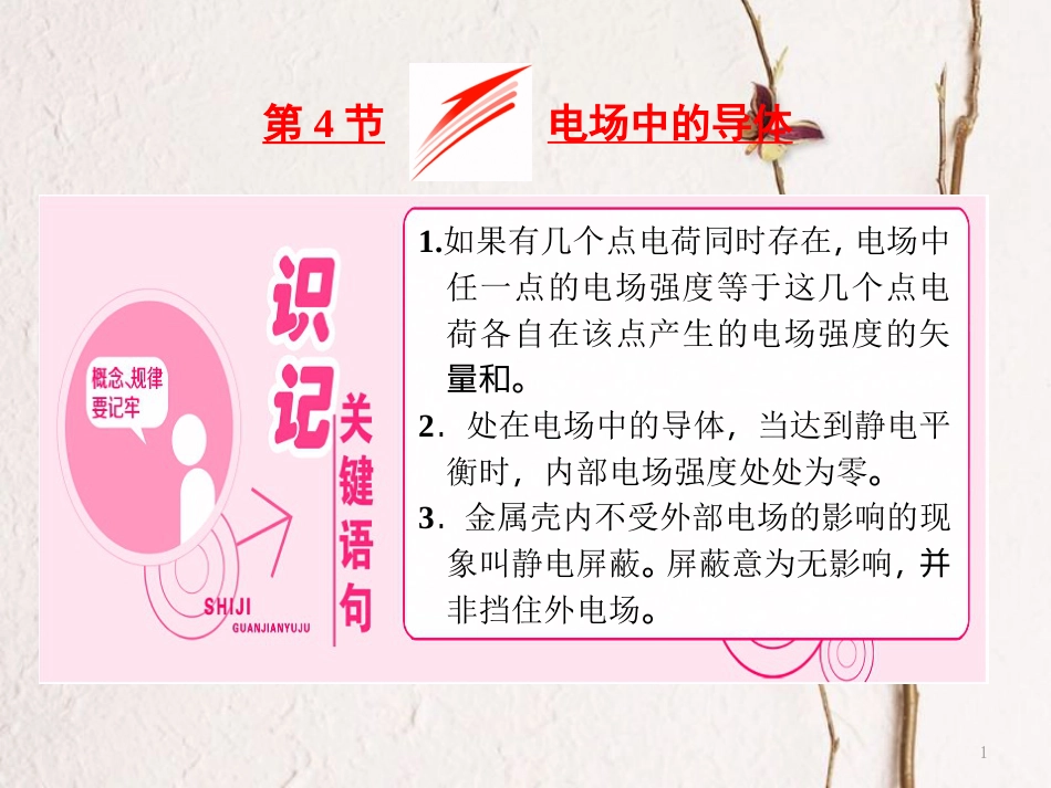 高中物理 第1章 静电场 第4节 电场中的导体课件 鲁科版选修3-1_第1页
